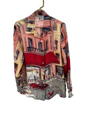 Nicole Taylor M 100% silk beaded cityscape Printed vintage Button-Down Shirt